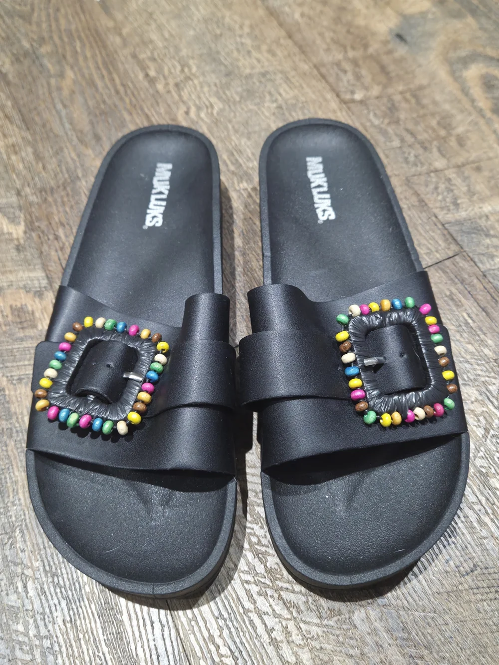 Muk Luks Black Slide Sandals with Colorful Beaded Buckle